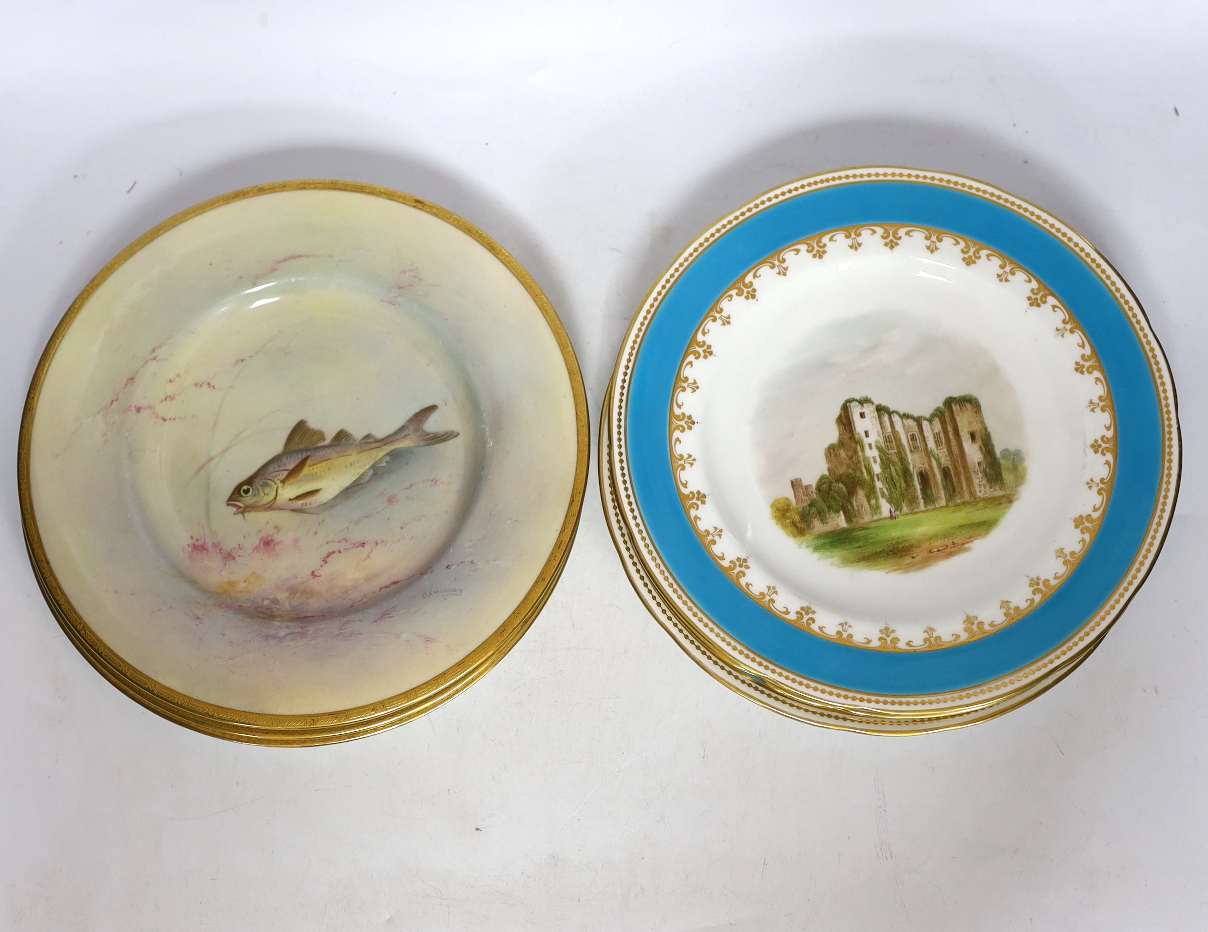 Three Royal Doulton ‘fish’ plates retailed by Ovington and three Minton plates painted with views of buildings